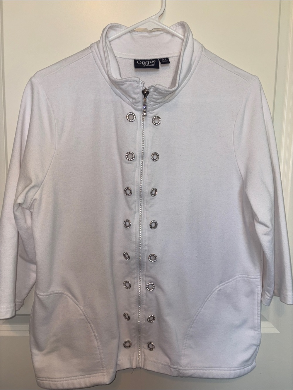 Onque Casuals White Zip-Up Jacket with Decorative Metal Buttons
